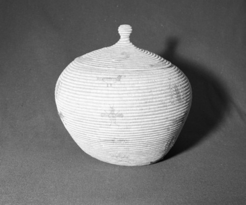 Marie Rozier Collection, Catalog No. 177. Object: Eskimo basket. Dimensions: 21 x 19". Materials: Seagrass, dyes. Technology: Coiled, rightward coil direction, pictorial designs of fish, seals, birds, insects, whales, and an unidentified mammal. Collection History: Acquired form Ora Doyle. Photographed by Michael Dixon in December 1982. Catalogued by Craig Bates and Barbara Beroza. Yosemite Collections, National Park Service.