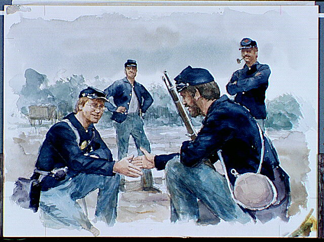 Two Union soldiers shaking hands with two others watching in background.