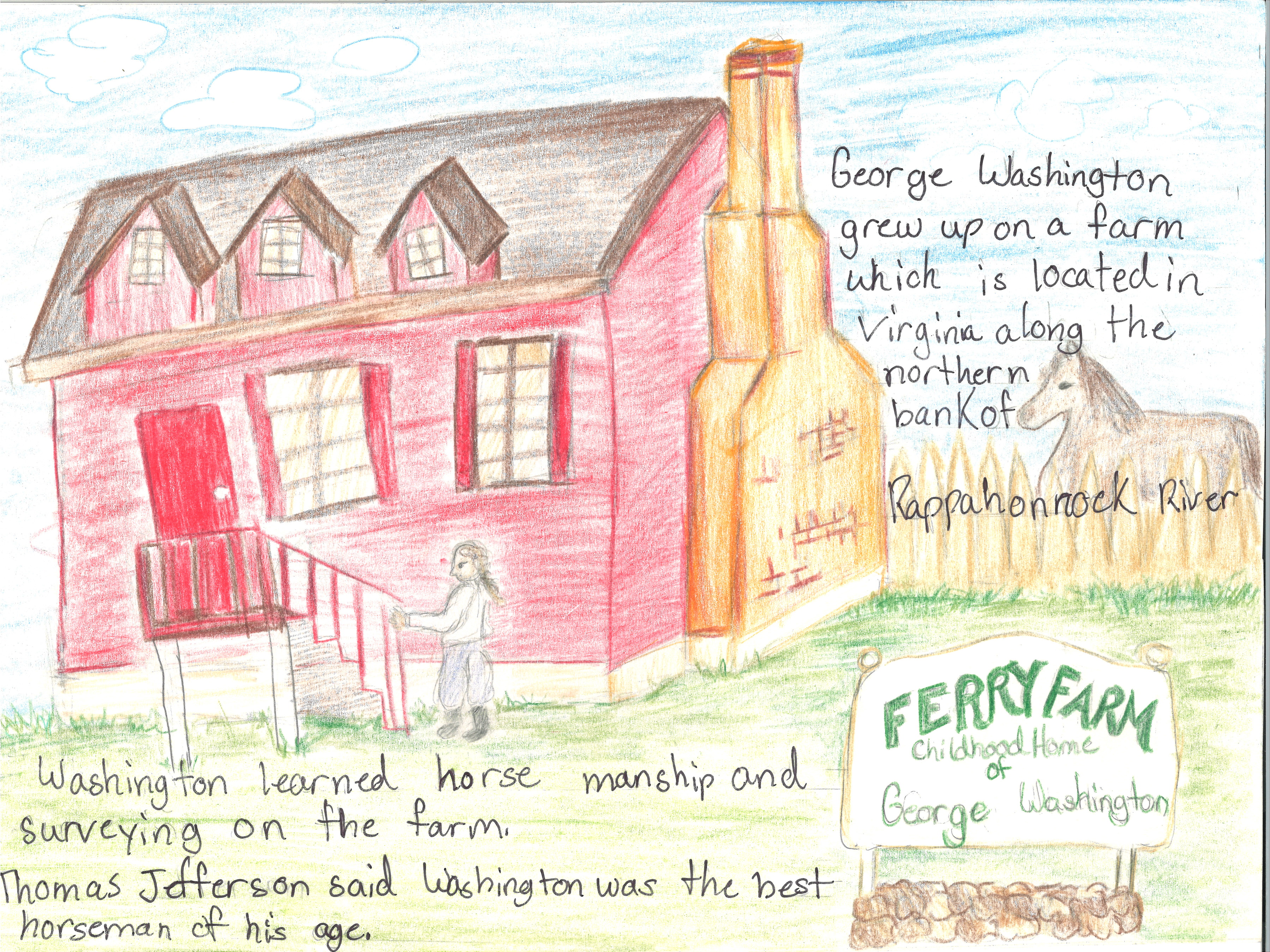 Drawing of a red house with large exterior chimney with a man walking up the front stairs.  A horse is in the field in the background.  A sign in the foreground says "Ferry Farm - Childhood Home of George Washington. Text has historic anecdotes.