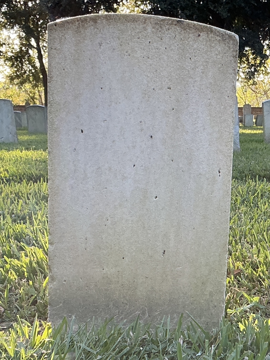 Back of historic upright marble headstone with recessed shield face.