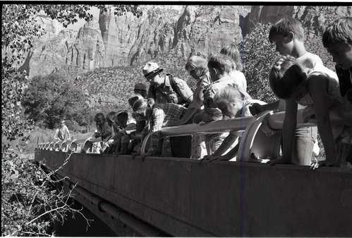 BW Photos of Junior Ranger Activities in Zion. On vehicle bridge near Watchman Housing Area.