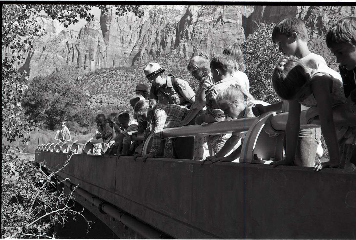 BW Photos of Junior Ranger Activities in Zion. On vehicle bridge near Watchman Housing Area.