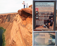 Photograph of visitors overlooking the popular Horseshoe Bend, Glen Canyon National Recreation Area. Visitors are standing on a ledge over a precipitous drop. Two photographs of signs at the trailhead are inset. 
