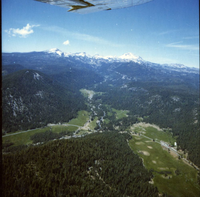 Aerial Views looking up Warner Valley to Lassen Peak. Robert Campbell HIstorical Photograph Collection: Warner Valley showing Drakesbad, Lassen Peak and surrounding range from above Warner Valley