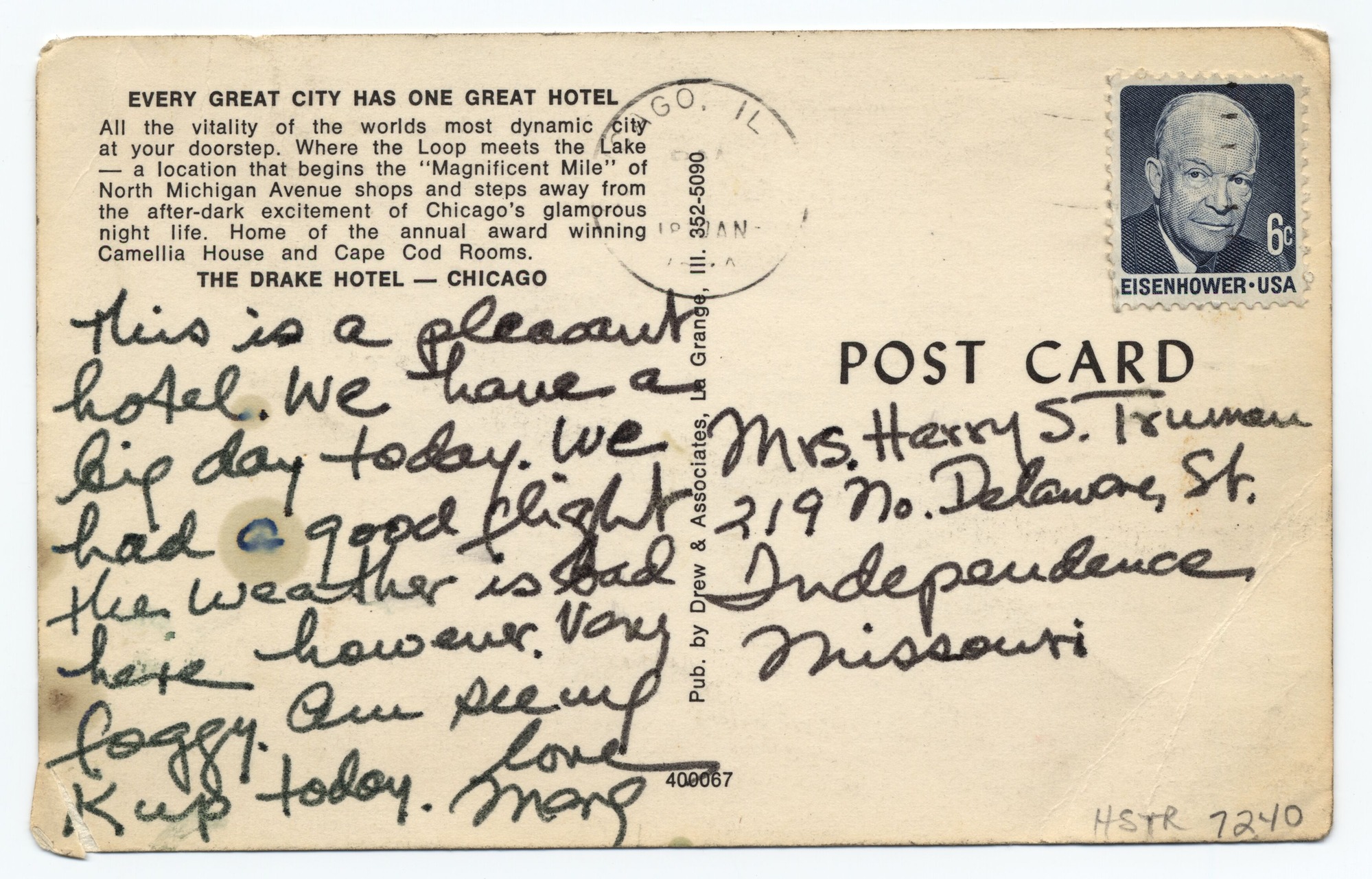 A postcard with a hotel in Chicago on the front and a note written on the obverse.