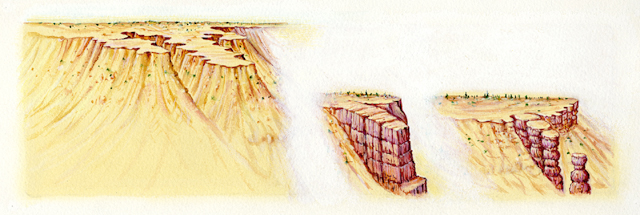Three-part erosion sequence showing water run-off and freeze/thaw action on the steep slopes of the Amphitheater area creating fins of harder rock which later erodes along vertical cracks to form free-standing vertical columns known as hoodoos.