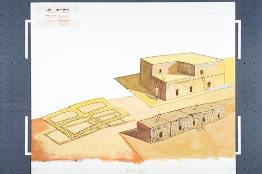 Split panel illustration depicts a diagram of overlapping foundations of First Village and Second Village; an artist's conjectural reconstruction of Second Village as it may have appeared about 1258 CE (Common Era);