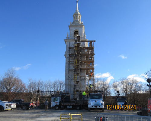 Scaffolding surrounds the lower two thirds of the Dorchester Heights Monument. 