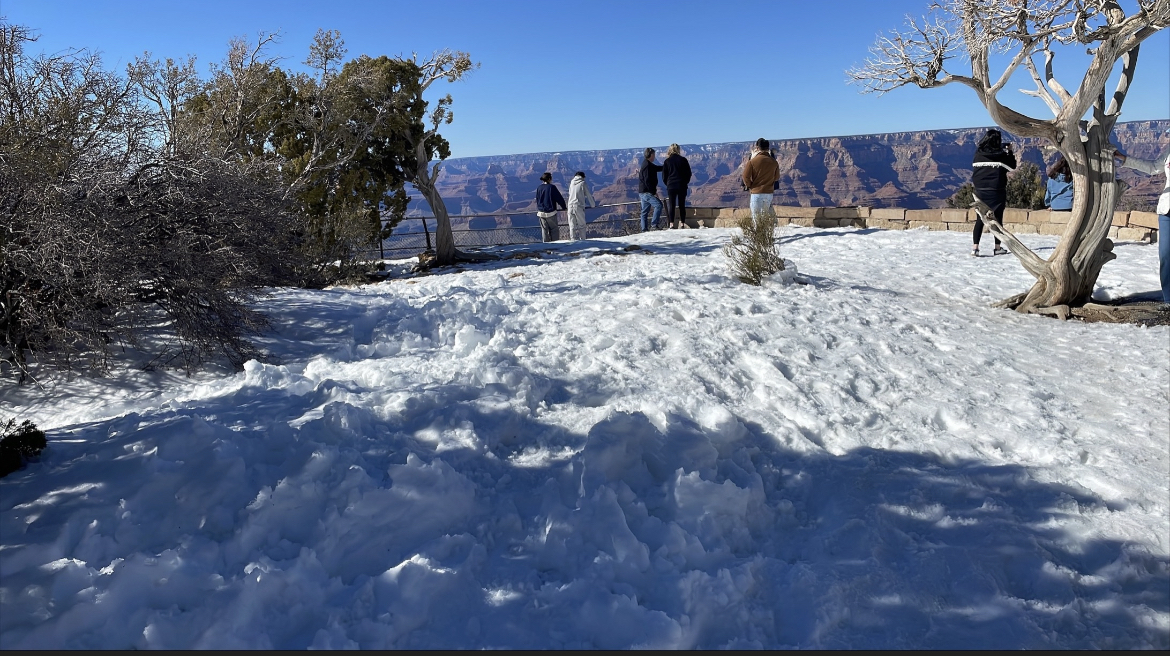 Snow covered ground near canyon view. 