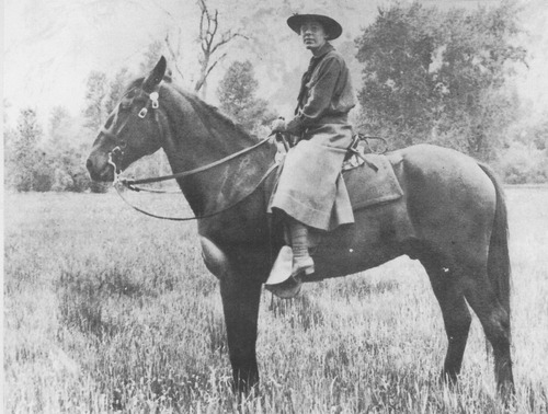 Clare Hodges in her temporary ranger uniform sitting astride a horse in a field. 