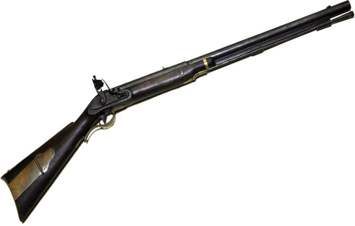 A long rifle made of dark wood with a tarnished metal flintlock mechanism.