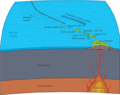 Over Time, the Pacific Plate moved over a stationay hotspot, forming shield volcanoes. As volcanoes move away from the hotspot they become inactive, subside and erode, and drop below sea level. This image shows the ages, in millions of years, of the Hawaiian Islands.