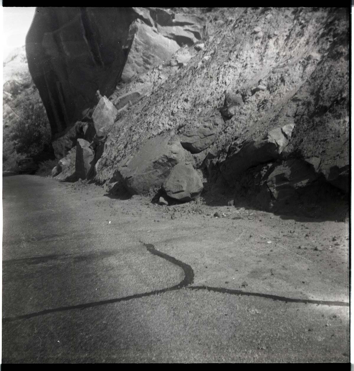 BW photo of rock slide near Echo Rock - 2.5" x 2.5".