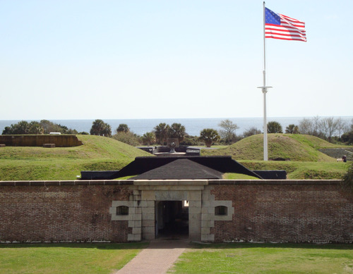Fort Moultrie's Sally Port, or main entrance, is where visitors begin their exploration of our timeline. Fort Moultrie represents the entire history of static seacost defense in the United States. This fort, the third named Moultrie, shows visitors how fortifications and artillery changed from 1809-1947. Exhibits take the story back to 1776 and the Revolutionary War.