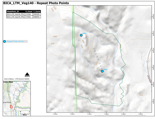 Map of repeat photo point locations for one of fifteen areas where long-term monitoring of sage-steppe vegetation occurs starting in 2011 in Bighorn Canyon National Recreation Area.