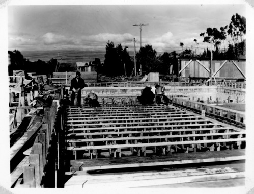 Black and white. Setting forms for construction of Volcano Observatory