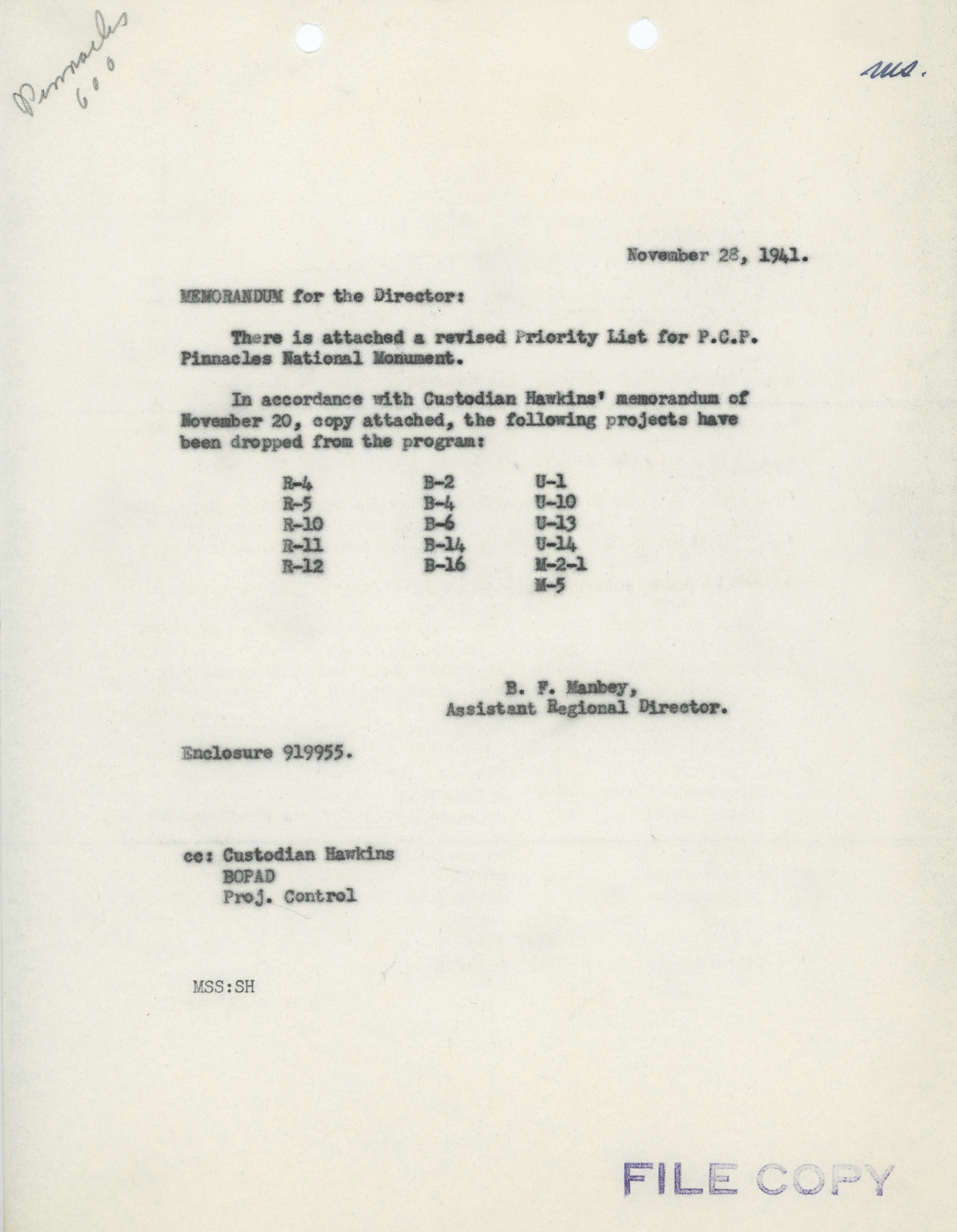 Project Construction Program Memorandum, Revised and Cancelled CCC Projects