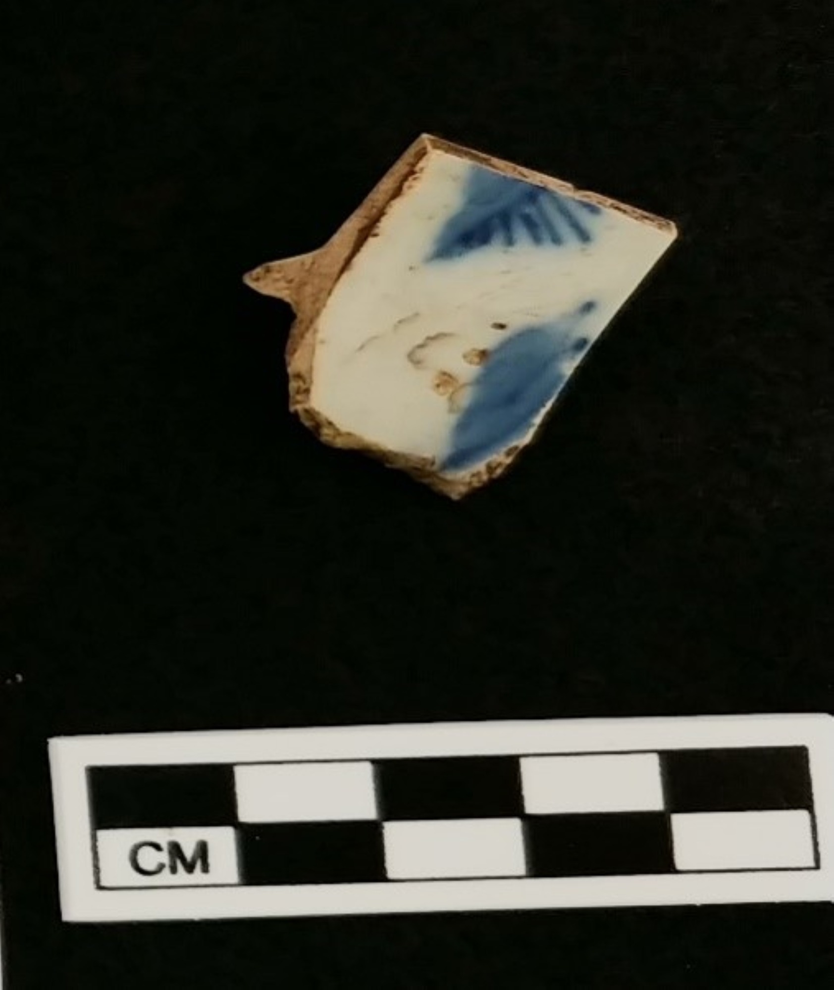 Fragment of pottery white with blue and a brown edge. On a black background with a ruler showing it as 3 cm in size.
