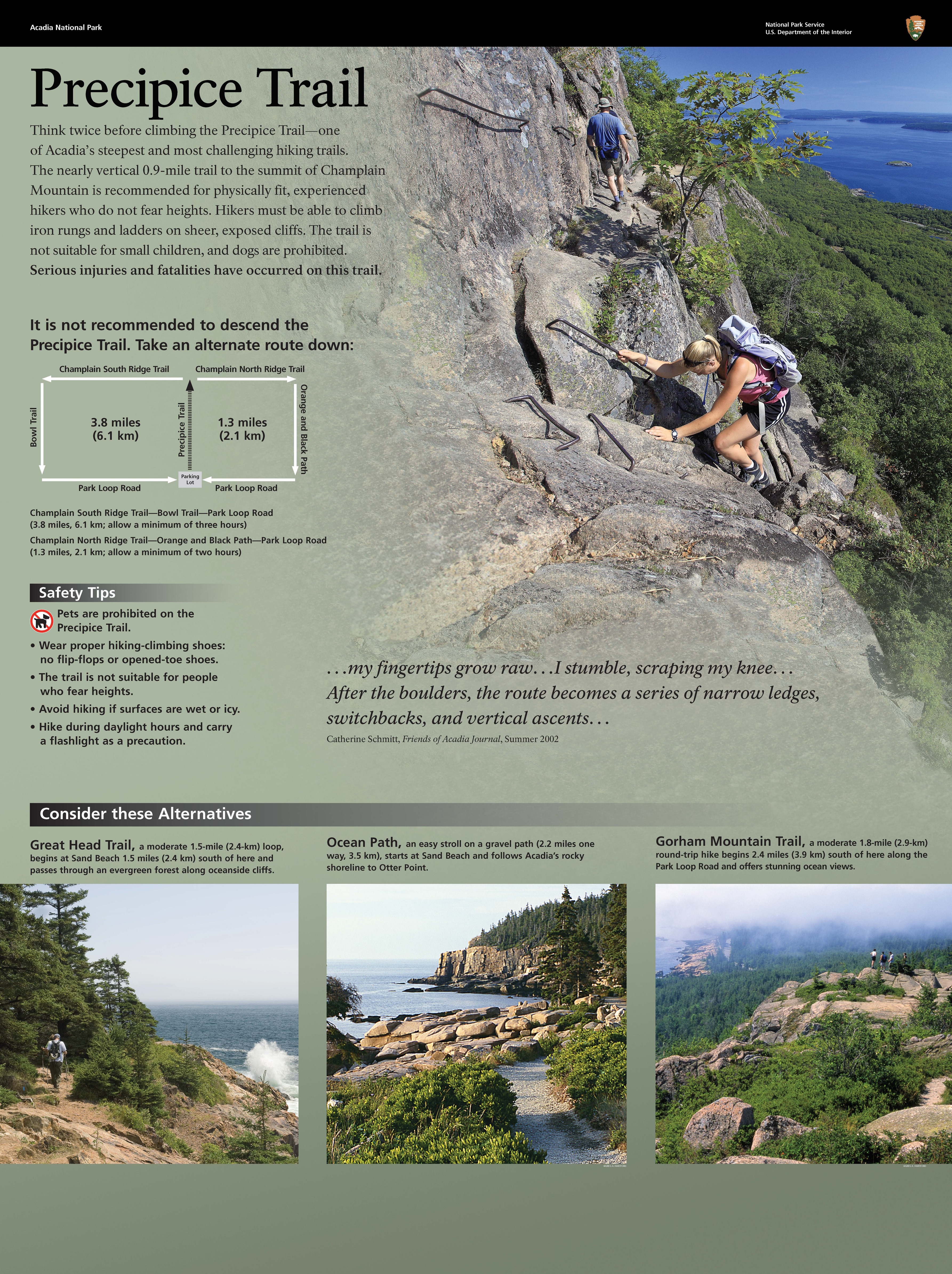 Title: Precipice Trail. This sign shows a female hiker high up on a mountain climbing on an iron rung ladder. Three trail images below show other trails in the area. 