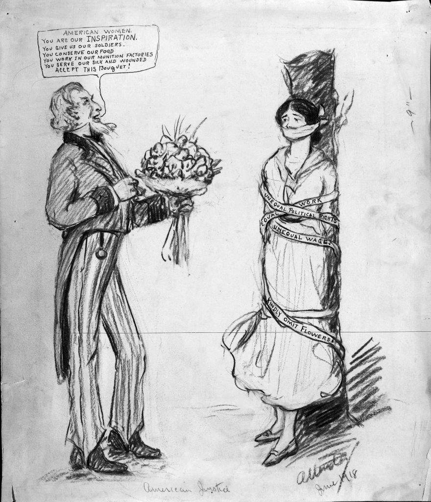 Drawing of a woman tied to a post and gagged while Uncle Sam presents her with flowers.