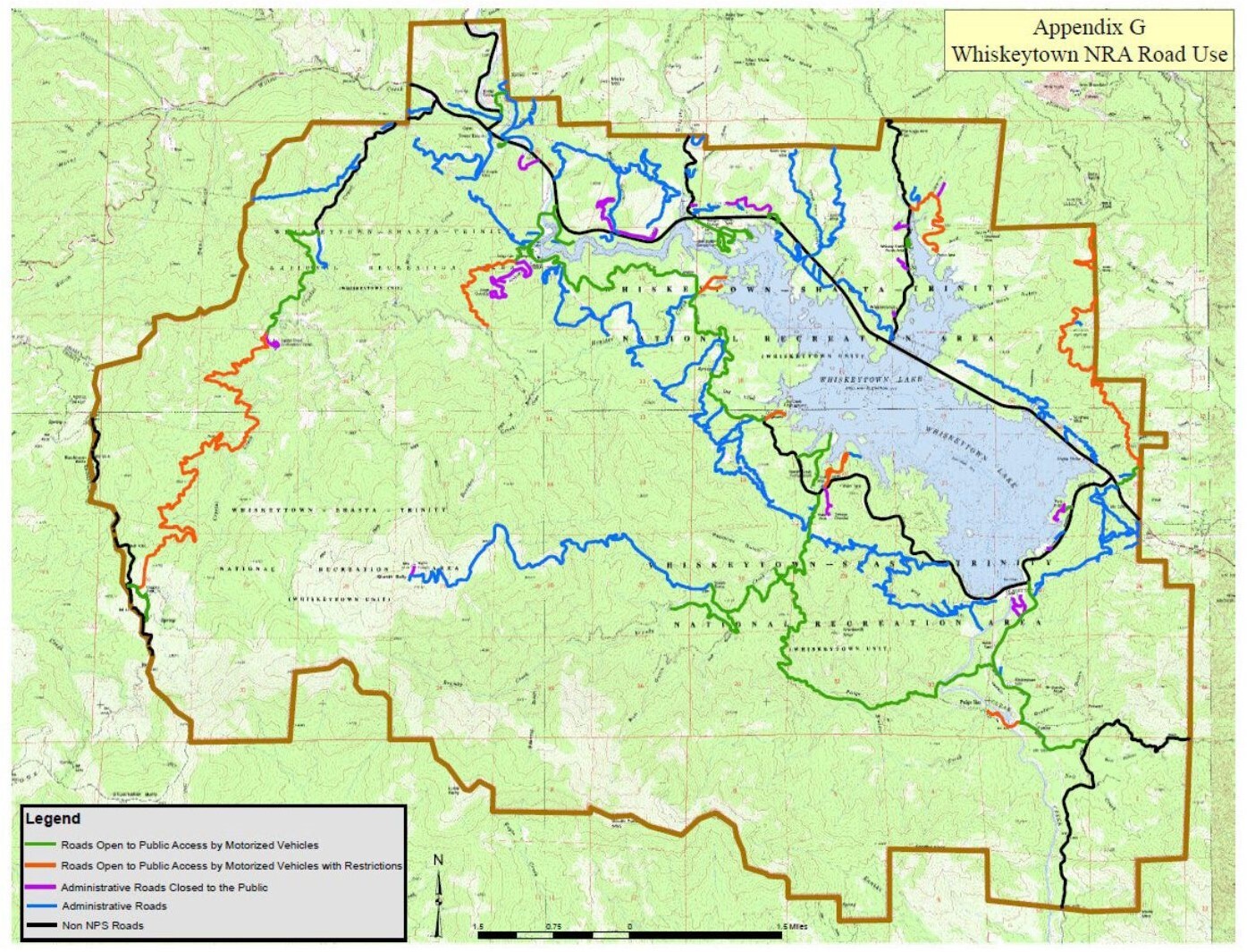 Map with color coded lines that shows which roads are open to Public Access, which are closed, and what roads are non NPS.