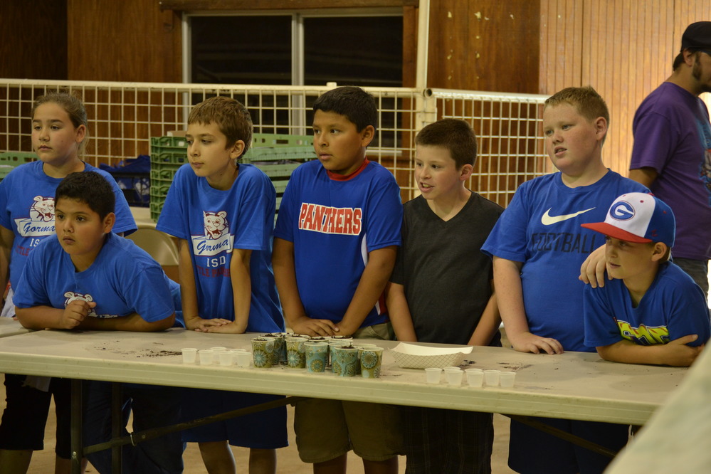 seven children stand at a table