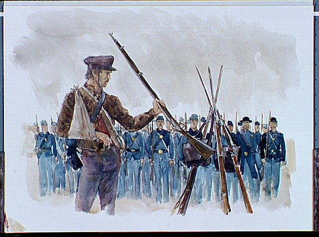 Wounded Confederate soldier stacking arms with Union troops looking on in background.