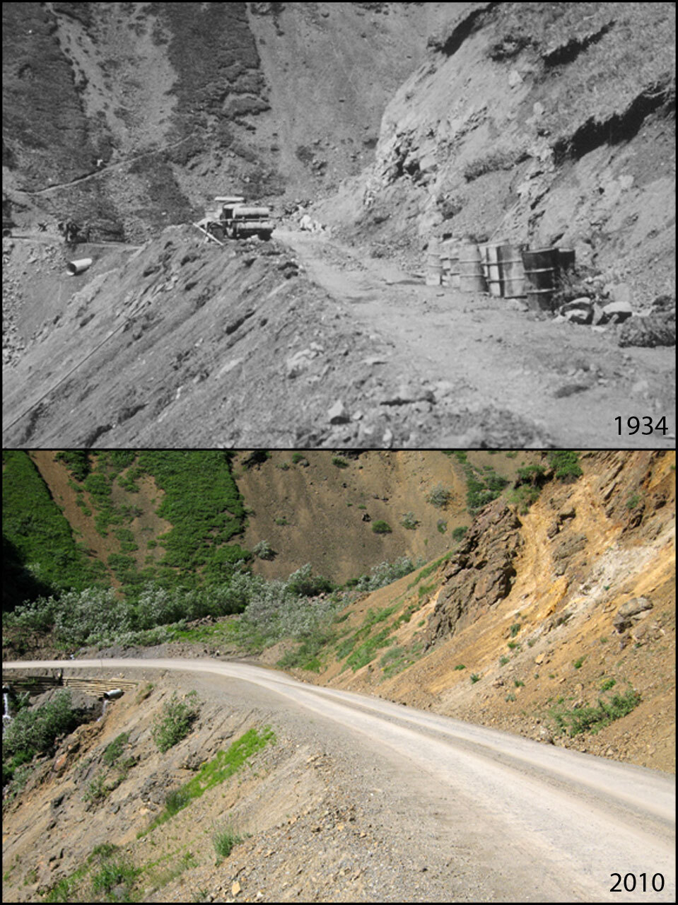A photo pair showing Human Development and Impacts at Eielson Visitor Center: 1934-2010