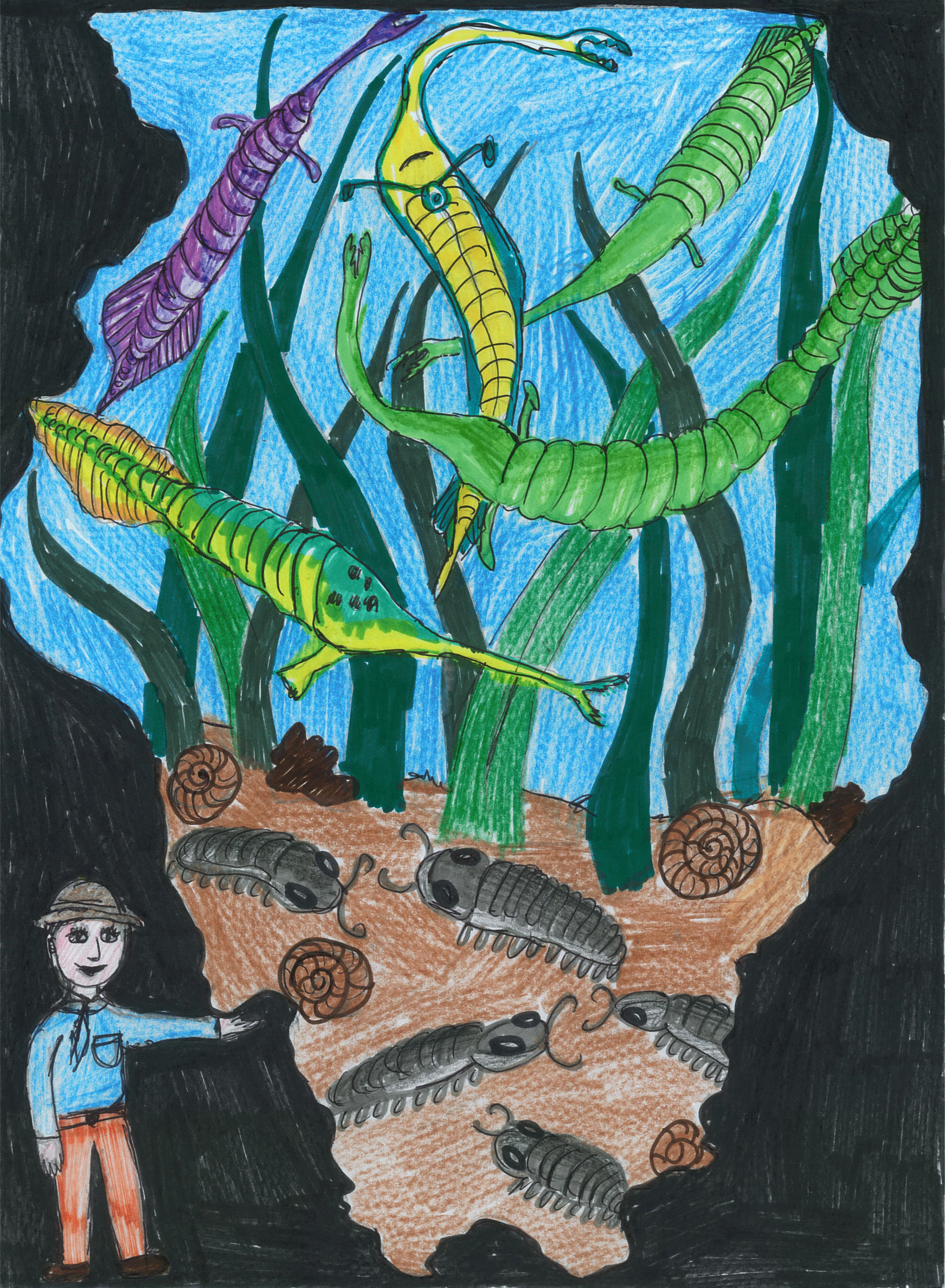 A paleontologist points at several colorful prehistoric marine animals. The animals are arranged in a setting that is shaped like the state of Illinois. 