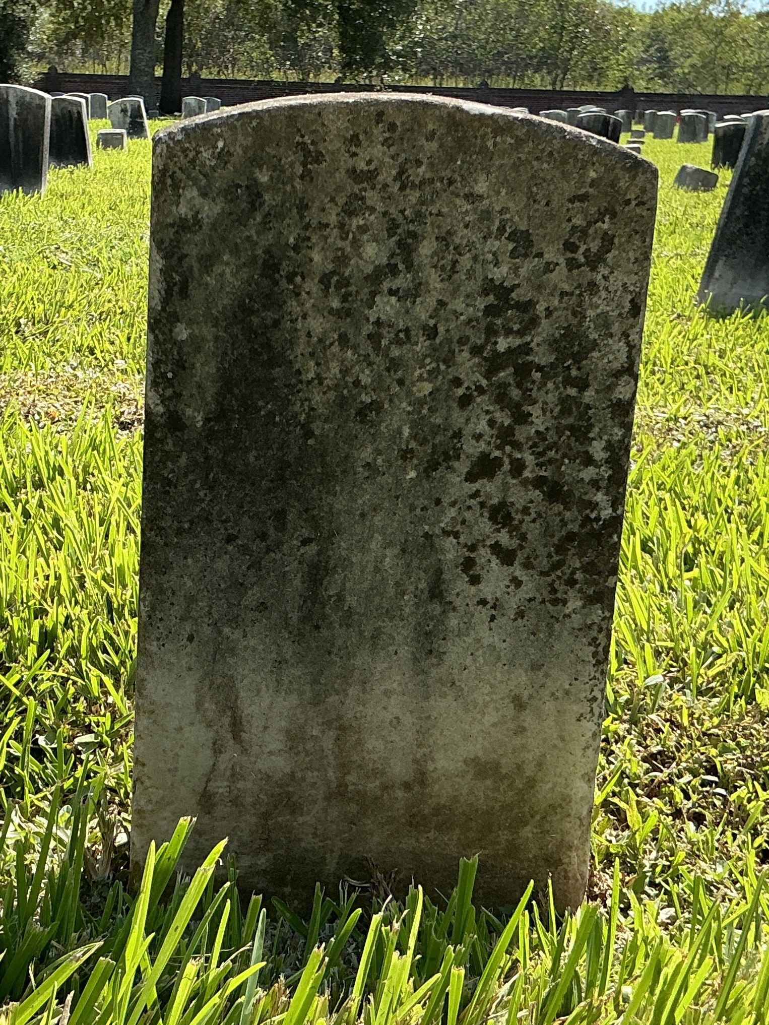Back of historic upright marble headstone with recessed shield face.