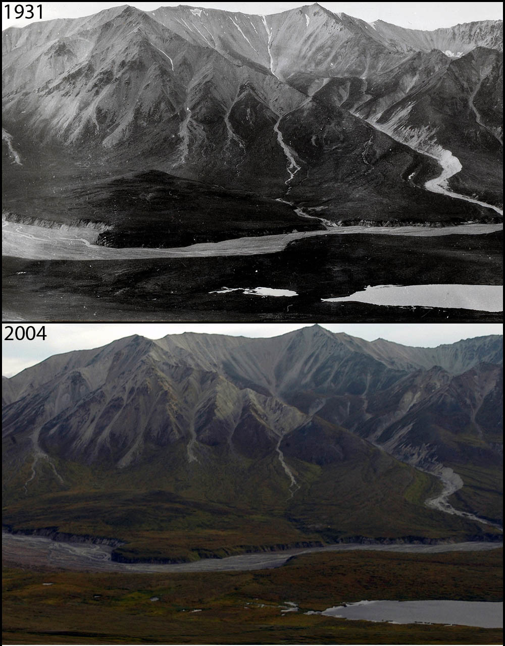 A photo pair showing No Apparent Changes at Eielson Visitor Center: 1931-2004