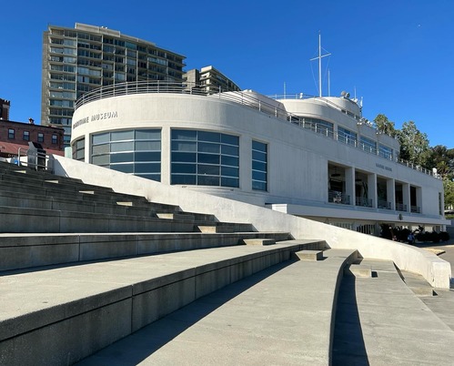Side view of the Maritime Museum Aquatic Park Bathhouse, emphasizing the lines and curves of the architecture.