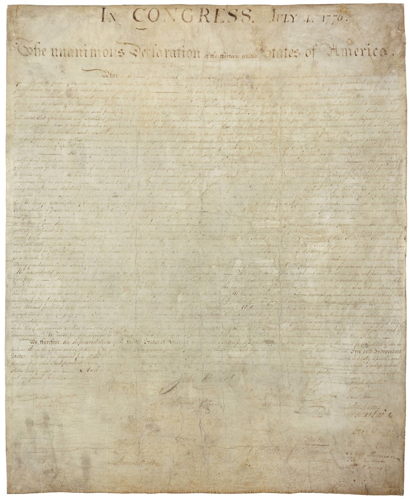 Color scan of a yellowing handwritten copy of the Declaration of Independence with faded signatures at the bottom.