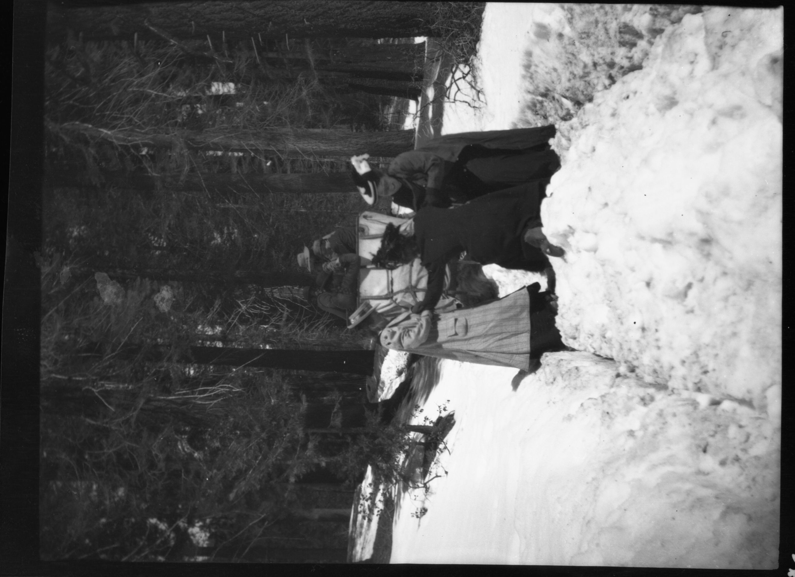 Women pushing wagon in snow