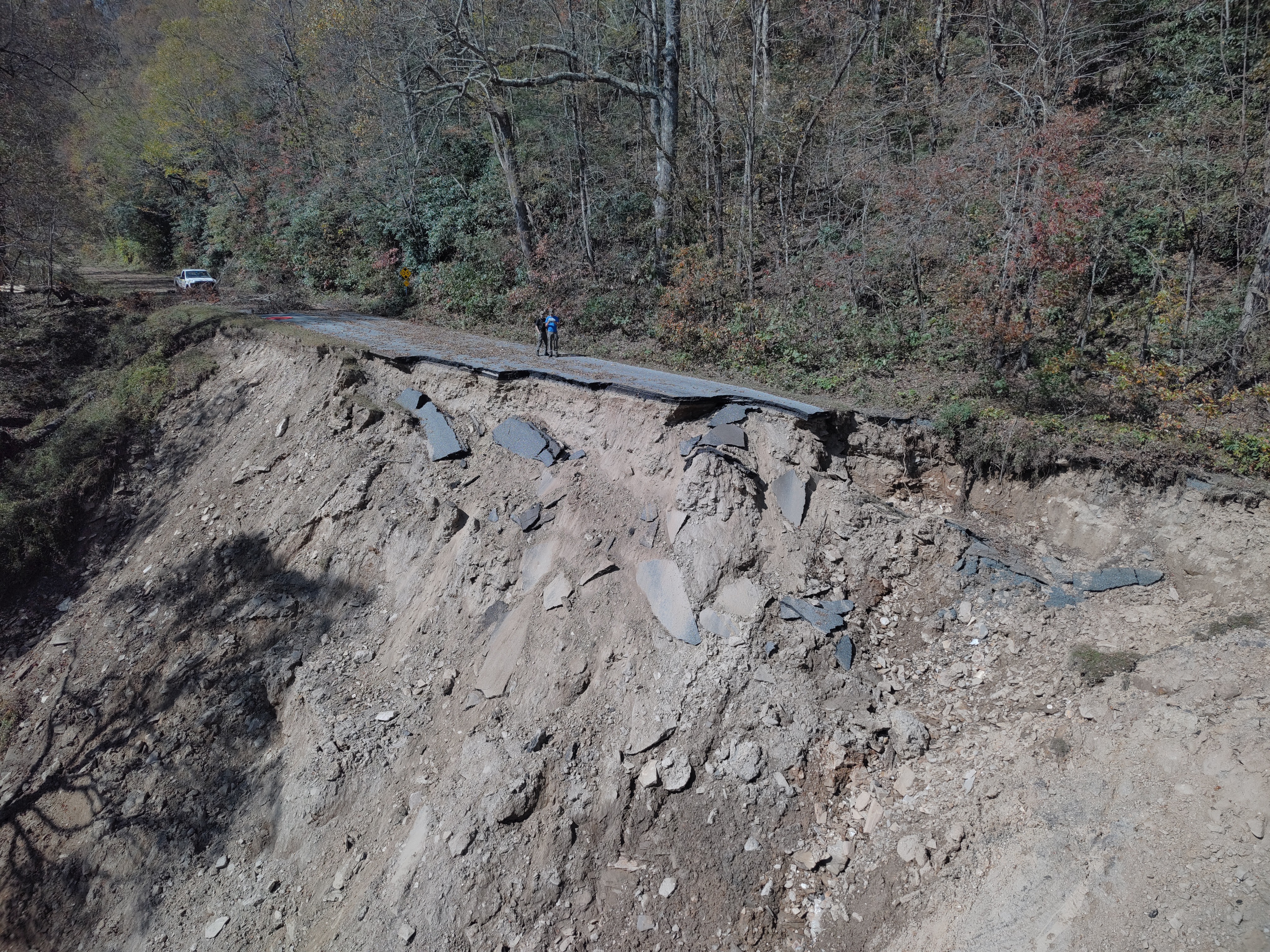 The motor road and slope completely washed away by Hurricane Helene at milepost 336.