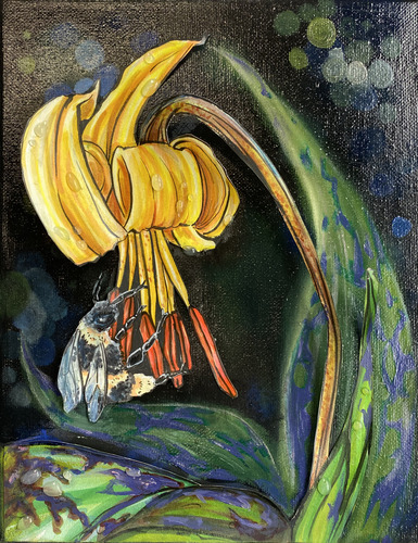 three dimensional painting of a drooping yellow flower with bee hanging from it with dark green leaves and black background
