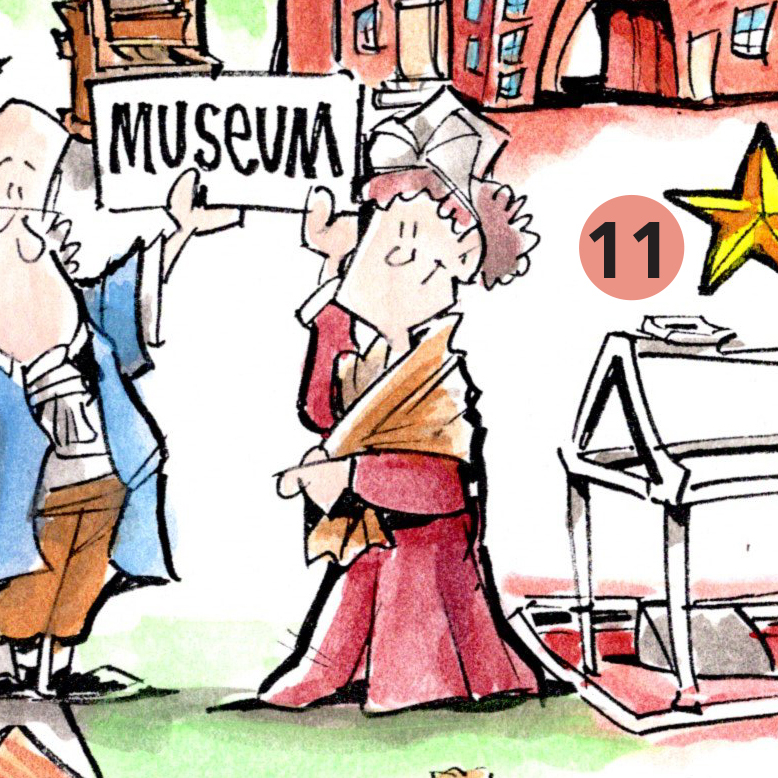 Cartoon drawing of woman wearing a red coat and brown shawl holding a sign that reads "museum."