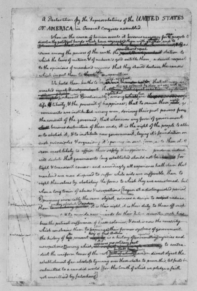 Black and white scan of a handwritten draft of the Declaration, with several phrases crossed out and writing between margins.