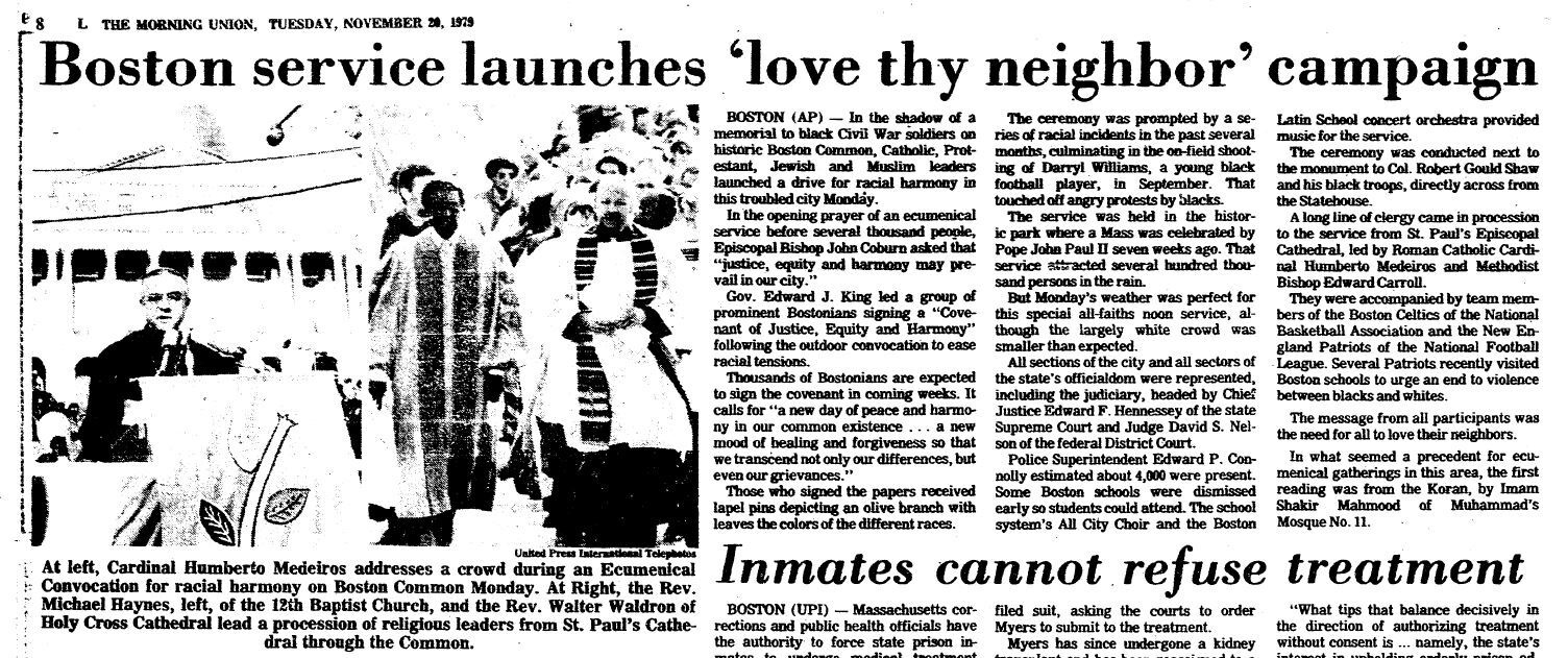 Newspaper article called "Boston service launches 'love thy neighbor' campaign" with an image of religious leaders. 