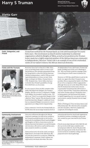 Images include Vietta Garr playing the piano, Vietta Garr at the Truman Home and her church.