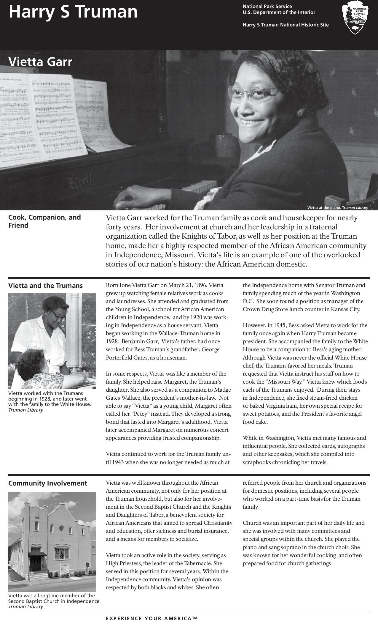 Images include Vietta Garr playing the piano, Vietta Garr at the Truman Home and her church.