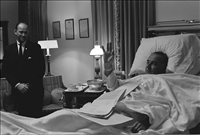 President Johnson recovering from surgery, Lyndon B. Johnson National Historical Park, 1966.. President Johnson recovering from surgery to remove a polyp from his throat.