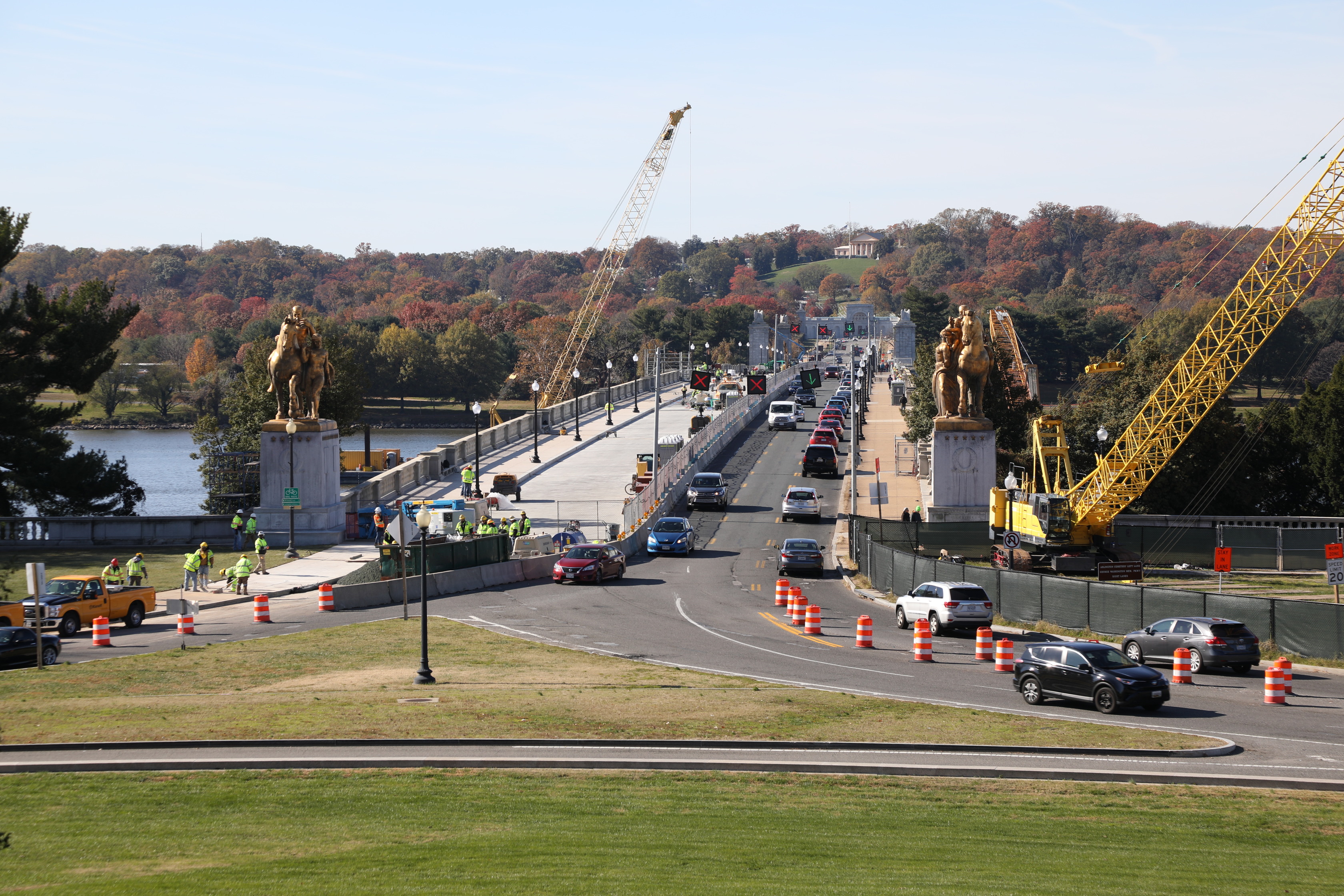 Construction on Arlington Memorial Bridge. Half the bridge is closed for construction. Arlington House, the Robert E. Lee Memorial is in the background. 