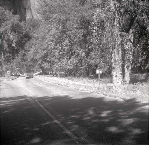 Car driving along the scenic canyon drive near the Grotto.