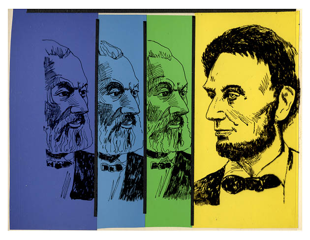 Multi-colored panels with multiple same portrait of an older Frederick Douglass and a single portrait of a young Abraham Lincoln.
