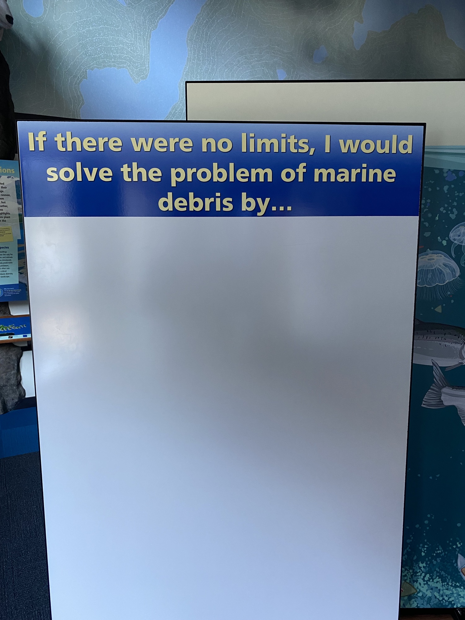 An interpretive panel with a white board and the question "If there were no limits, I would solve the problem of marine debris by...."