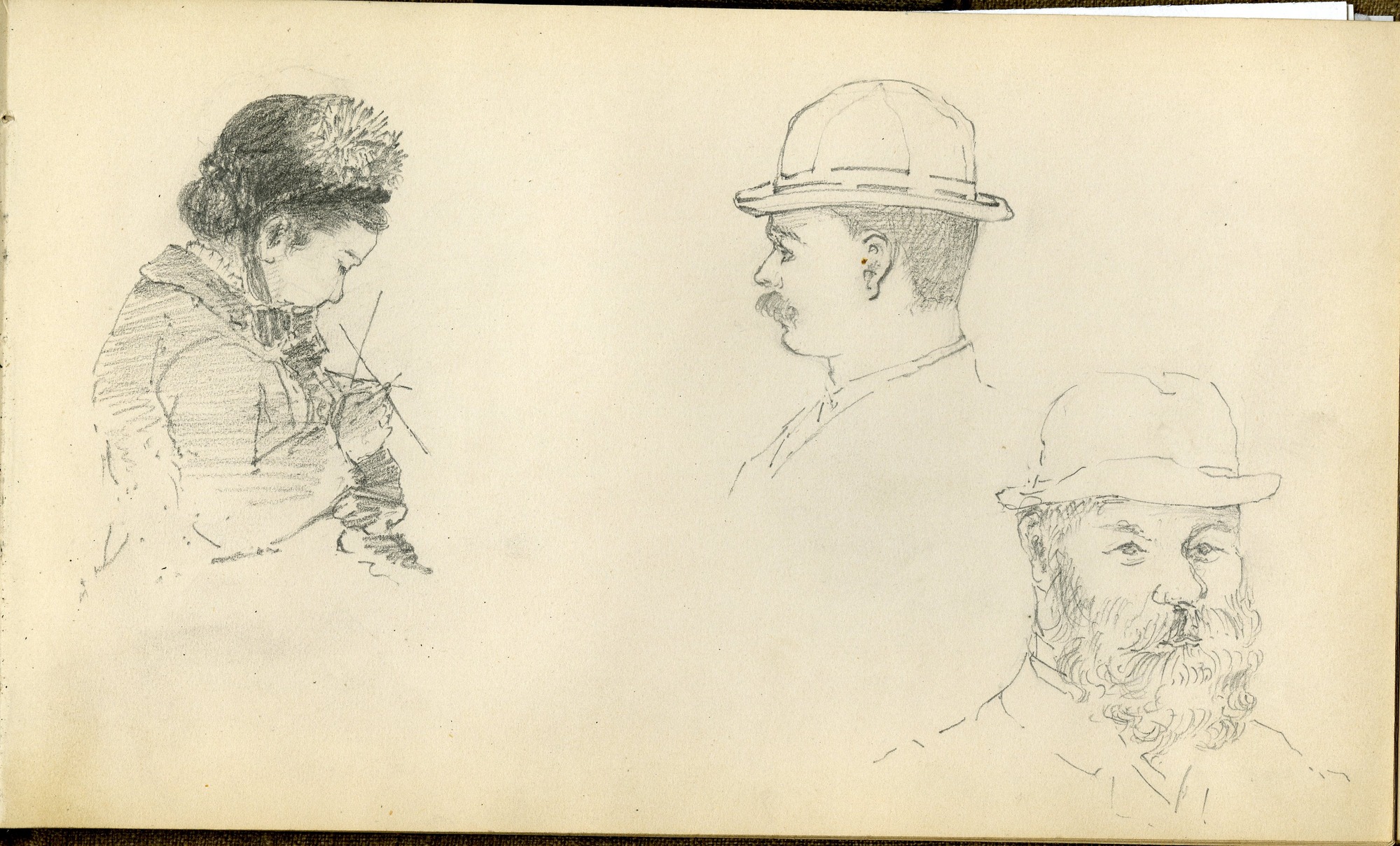 Three studies of people.  A woman bends over a knitting project; two men appear in profile and face on.