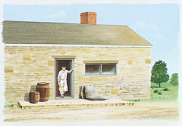 Exterior of Bakery at Fort Scott with baker standing in doorway.