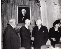Charles Edison with members of the Edison Pioneers. Madeleine Edison at right.