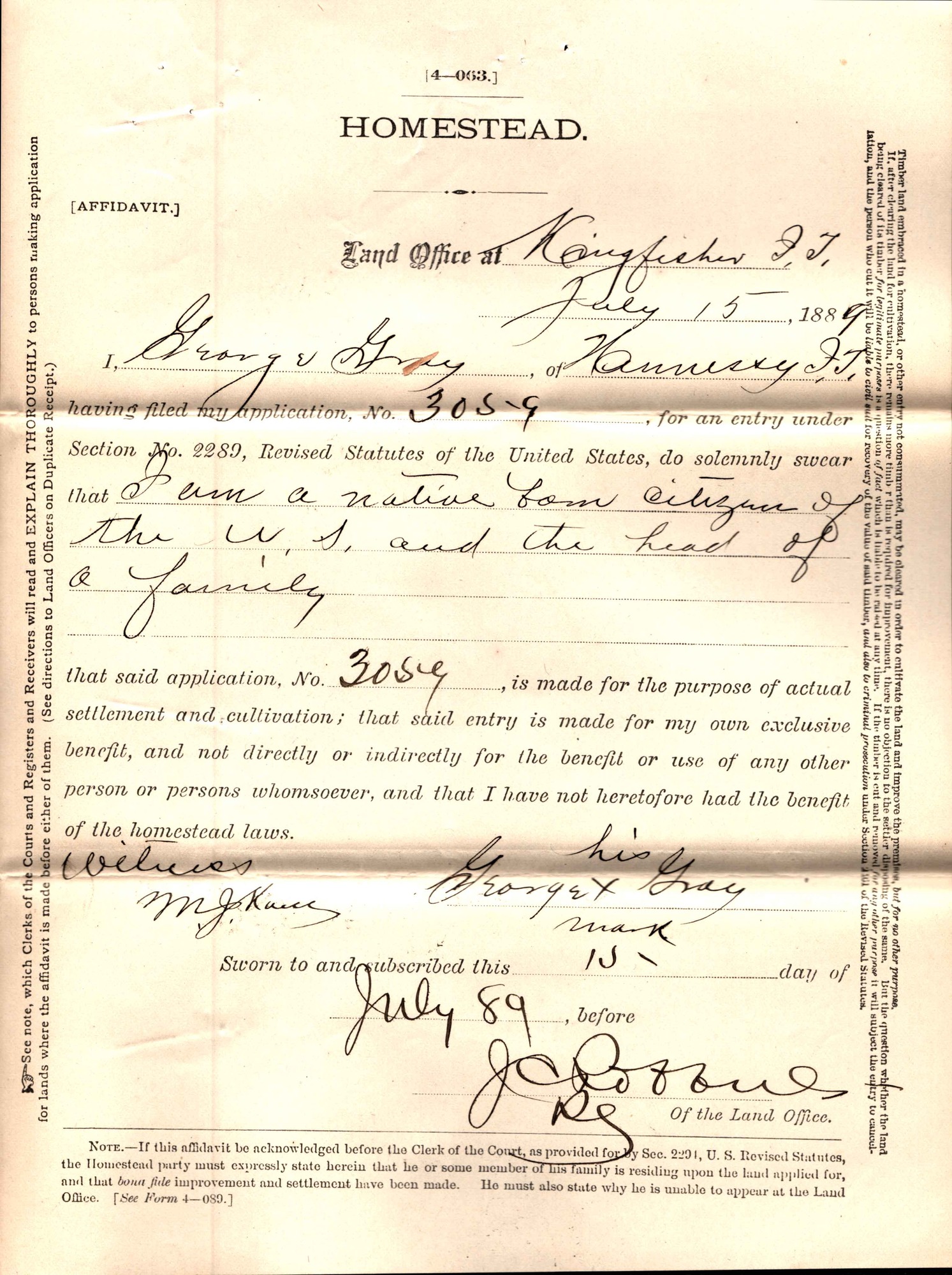 Yellowing scanned handwritten Homesteading case file. Transcribed text from the scan is found in the image description. Shadowing shows where the document was folded in three parts.